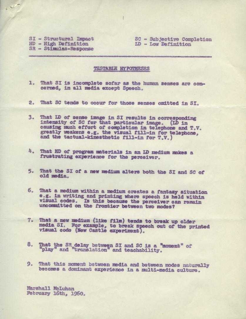 A 1960 list of testable hypotheses for the project by Marshall McLuhan.
