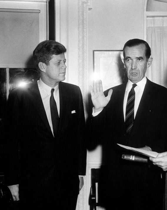 President John F. Kennedy Attends Swearing-in of Edward R. Murrow as Director of the USIA. March 21, 1961.

Abbie Rowe. White House Photographs. John F. Kennedy Presidential Library and Museum, Boston. <https://www.jfklibrary.org/asset-viewer/archives/JFKWHP/1961/Month%2003/Day%2021/JFKWHP-1961-03-21-E>